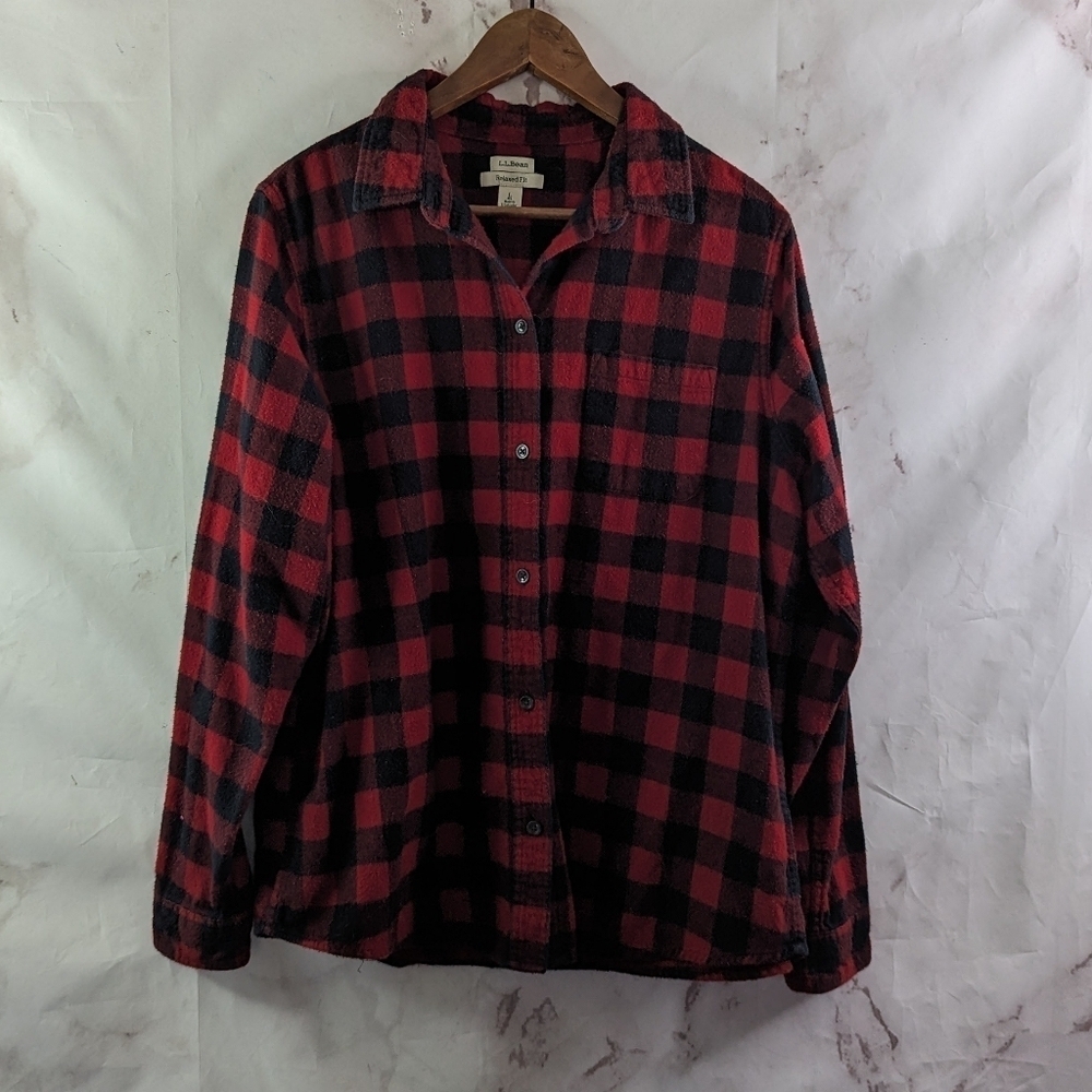 LL Bean Shirt Womens Large Red Black Buffalo Plaid Button Up Flannel Scotch